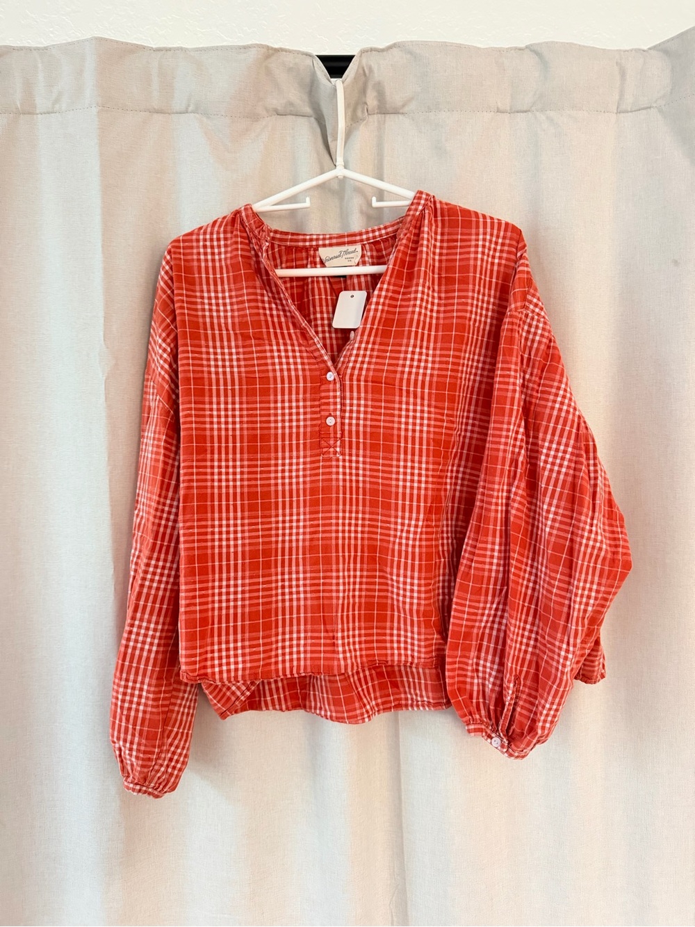 Velvet Heart Red Plaid Henley Balloon-Sleeve Blouse